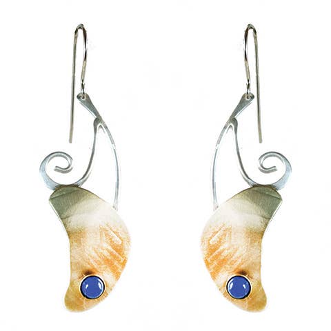 Hand Created Organic denim lapis sterling and brass earrings for wholesale by Whitney Designs Ltd.