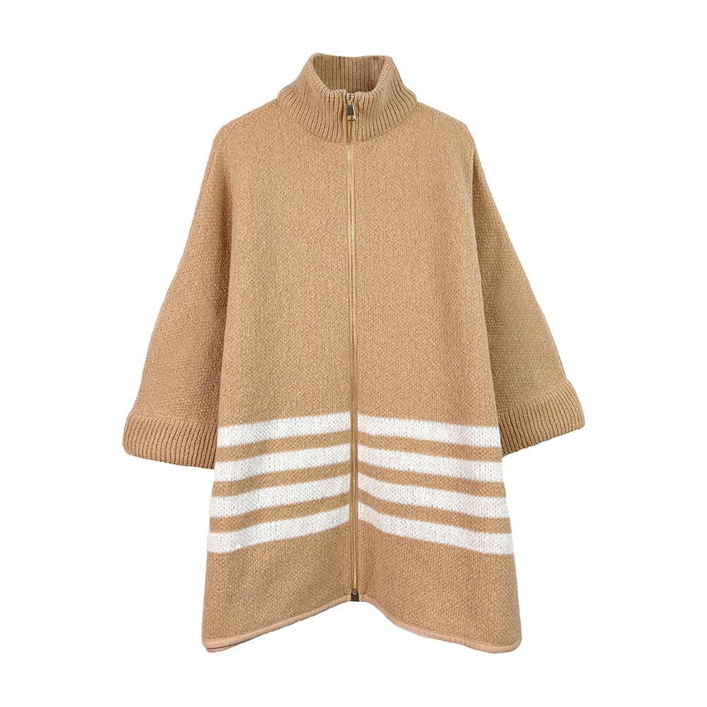 Sensibling Corp. - Wholesale Poncho - Women's - Sporty Bordered Zip Up Knit Cape Poncho8