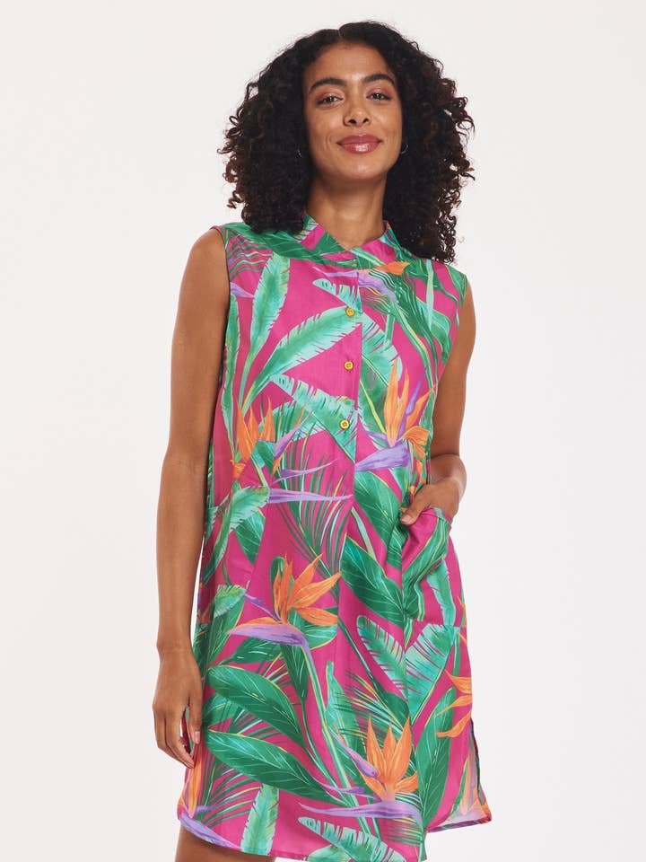 ModaPosa - Wholesale Dress - Women's - Gabriella Dress Tropical Leaves Fuchsia Spring Summer