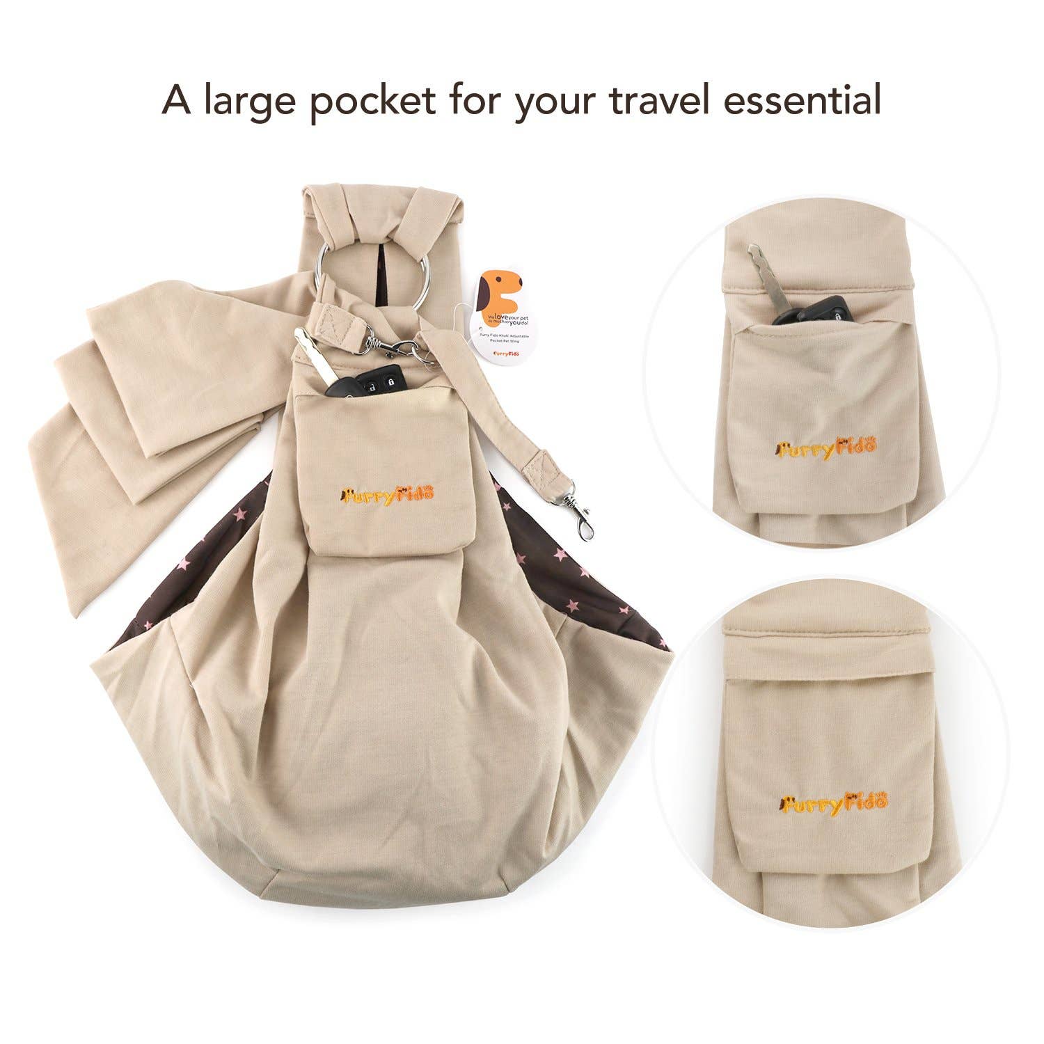 Furry Fido Pet Supplies – Engroshandel Kæledyrstransporttaske – Kat/hund – Furry Fido Khaki Justerbar Pocket Pet Slynge5