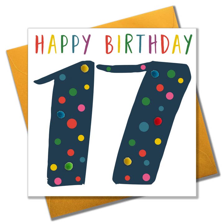 Carte d'anniversaire, 17 ans, bleue, Happy Birthday 17, ornée de pompons pour la vente par Claire Giles Ltd