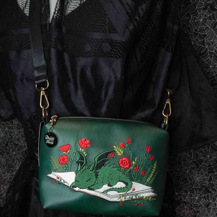 Forest Green Sleeping Book Dragon Small Crossbody Bag with Brass Hardware for wholesale by Project Pinup