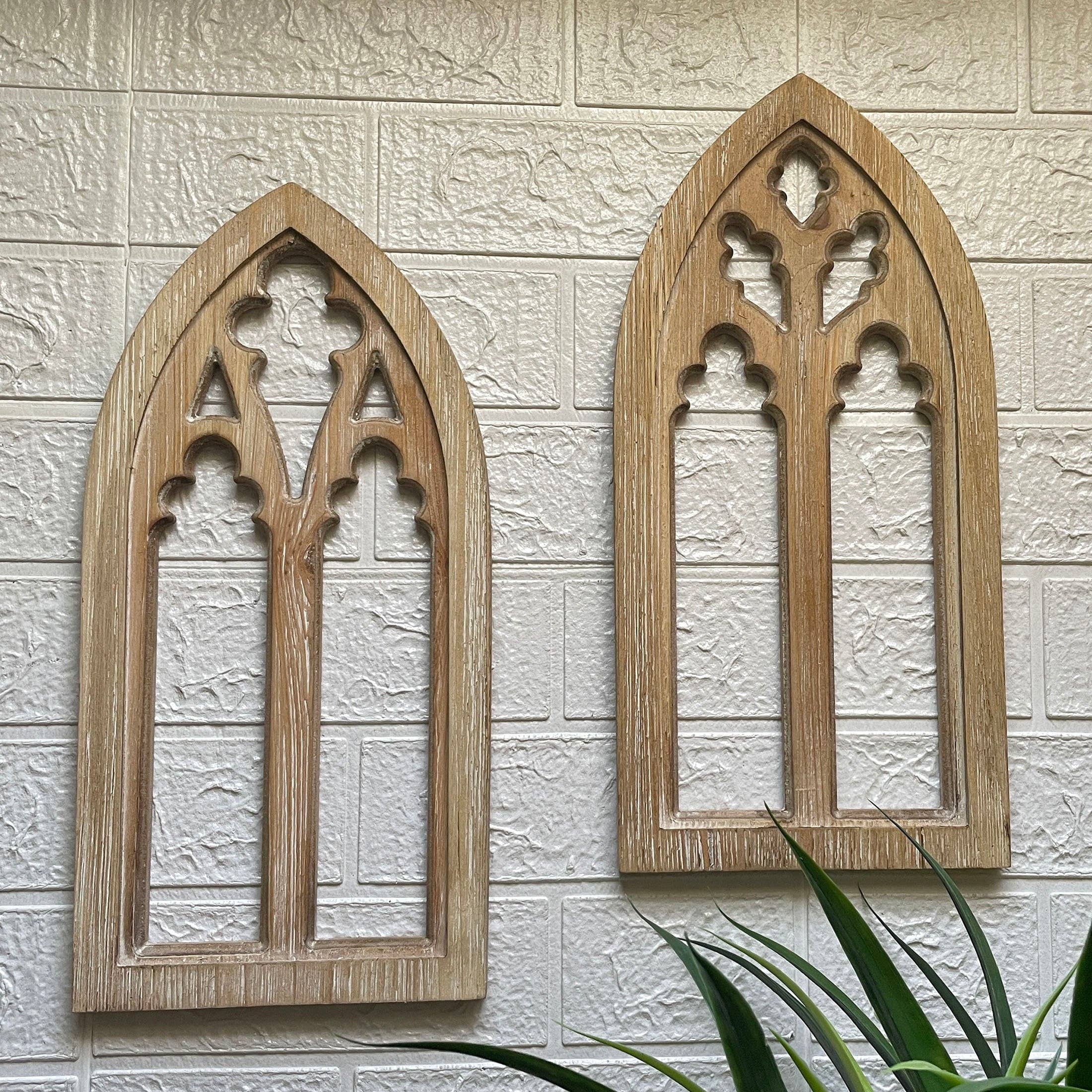 Zeckos - Wholesale Wall Accent - Set of 2 Washed Wood Gothic Arch Window Frame Wall Hangings 6