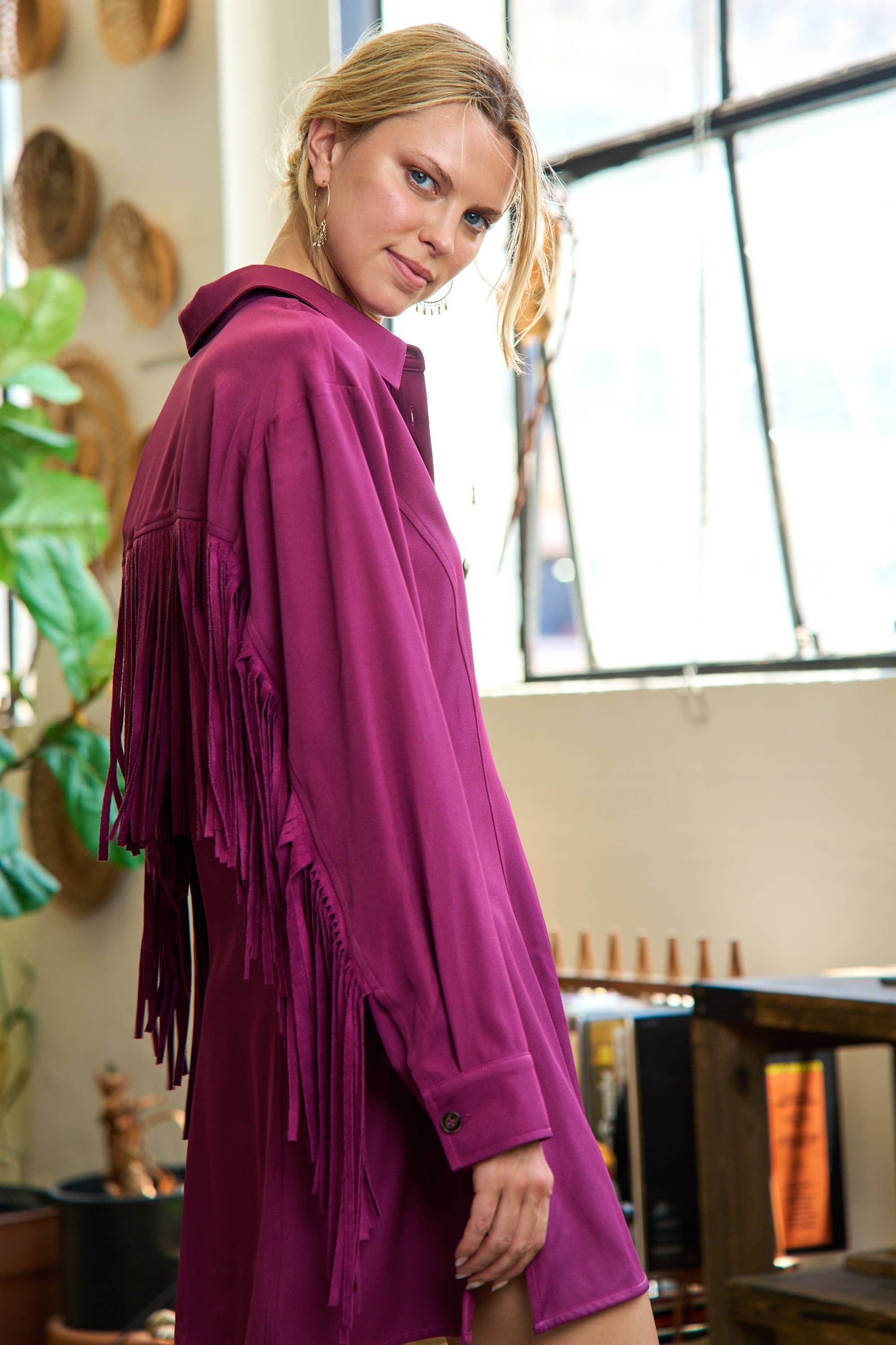 JADE BY JANE - Wholesale Dress - Women's - Western Fringe Trim Woven Shirt Dress JJD501712