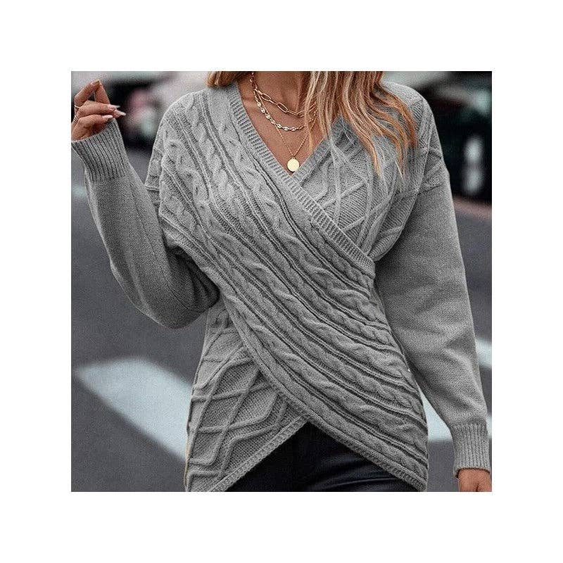 UZ Wholesale Store – wholesale Pullovertröja - Dam – Enfärgad V-ringad korslagd jacquard smal casual tröja3