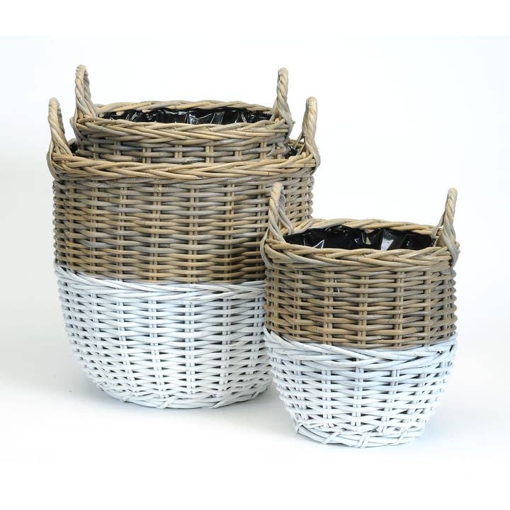 Bacon Basketware - Wholesale Plant Pot - S/3 ROUND WHITE DIPPED KUBU GREY PLANTER BASKETS