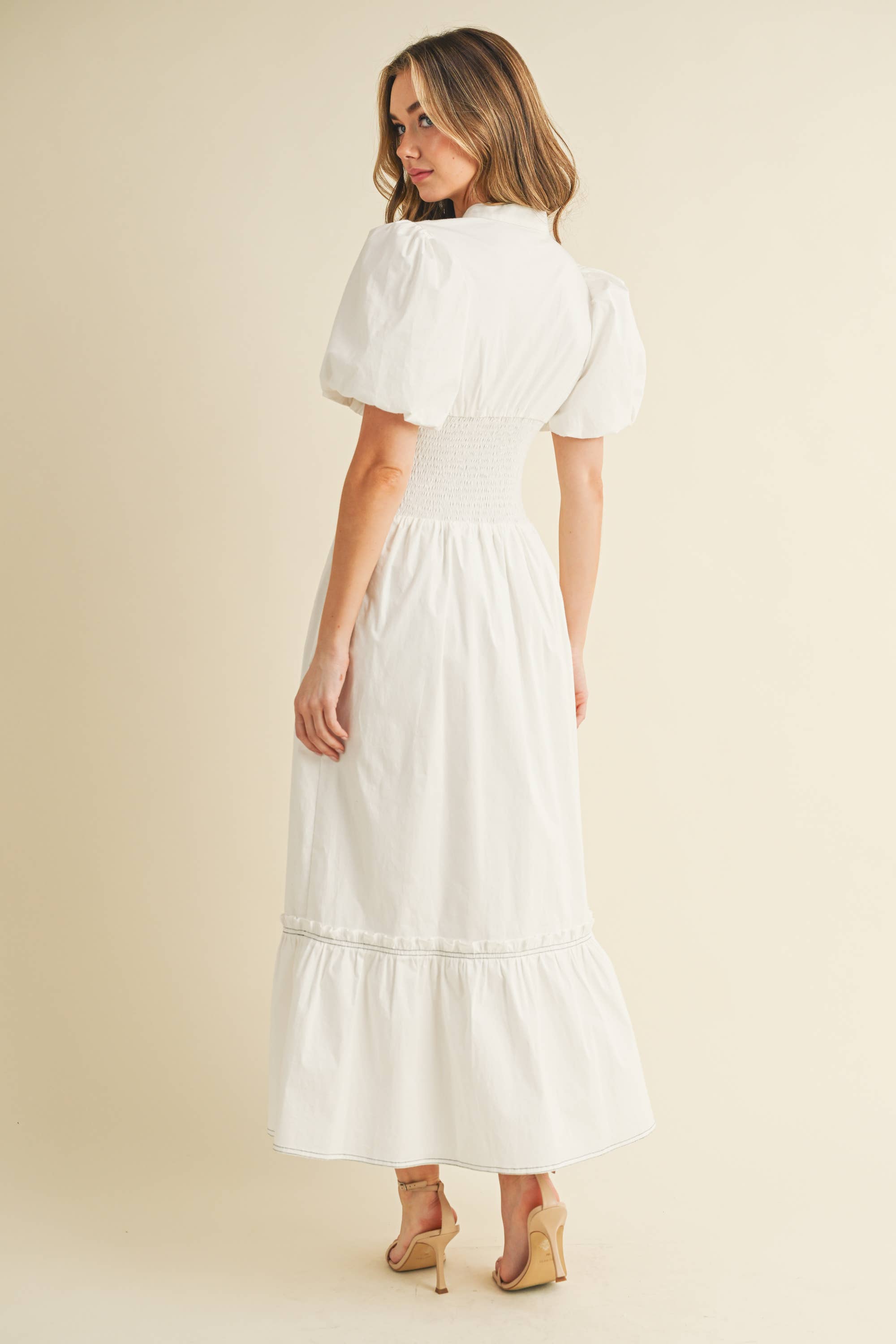 White CD05866-Button Down Smocked Waist Puff Sleeve Midi Dress for wholesale on Faire3