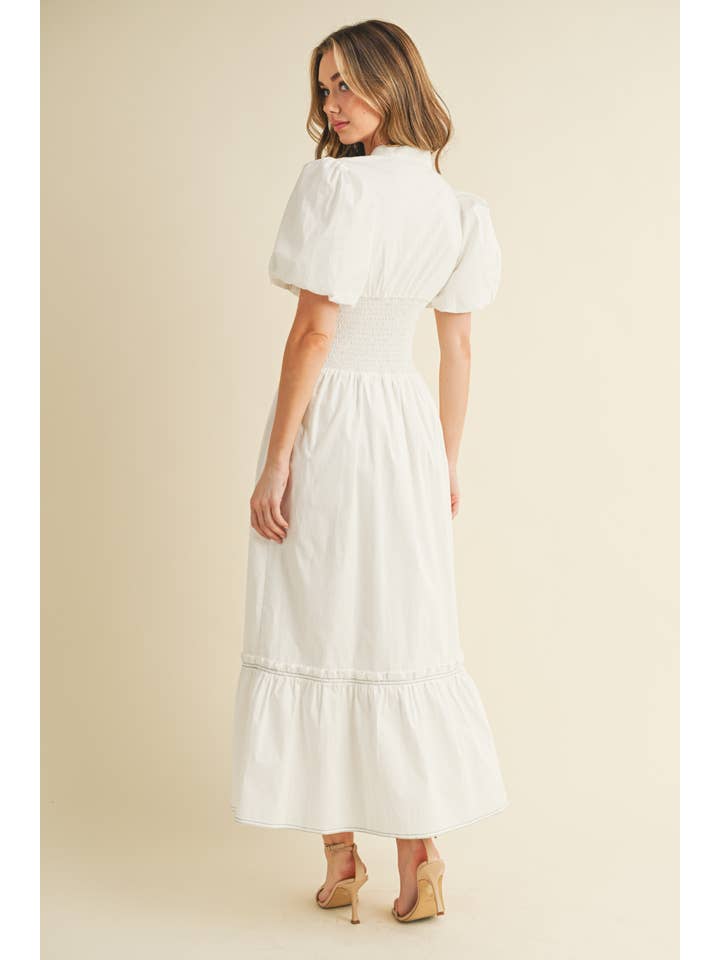 White CD05866-Button Down Smocked Waist Puff Sleeve Midi Dress for wholesale on Faire3