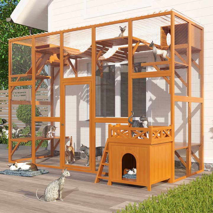 Outdoor Natural Wood Cat Enclosure with Free Cat House for wholesale by 39F Inc.