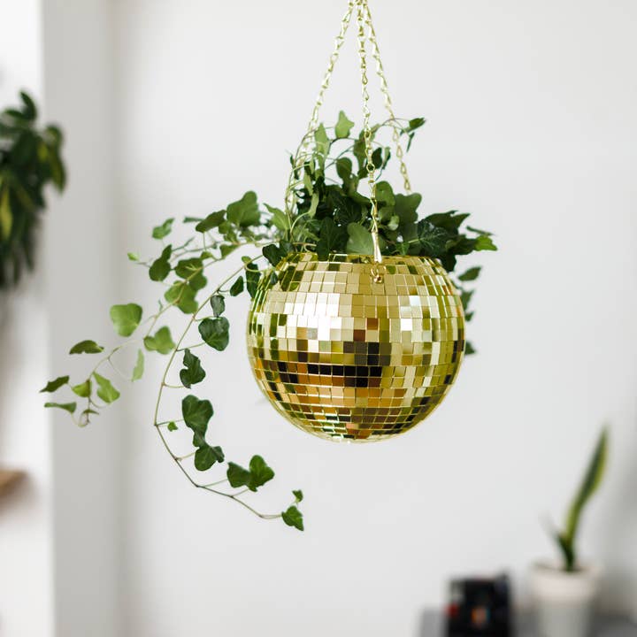 Bubblegum Stuff UK – Großhandel Pflanzenampel – Blumentopf zum Aufhängen, Disco-Kugel, goldfarben (8 Zoll)