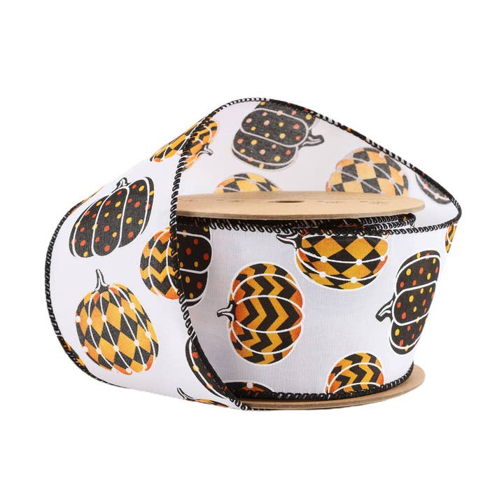 2 1/2" Wired Ribbon | Black/Orange Pumpkin on White | 10 Yard Roll for wholesale by LA Ribbons Wholesale