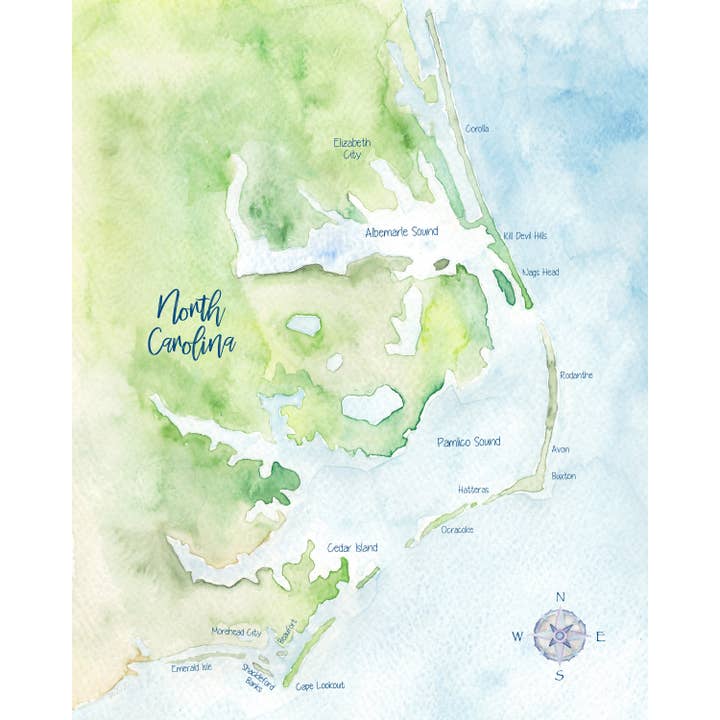 North Carolina Coast NC Hand-painted Watercolor Map - Print for wholesale by Molly Joseph Fine Art