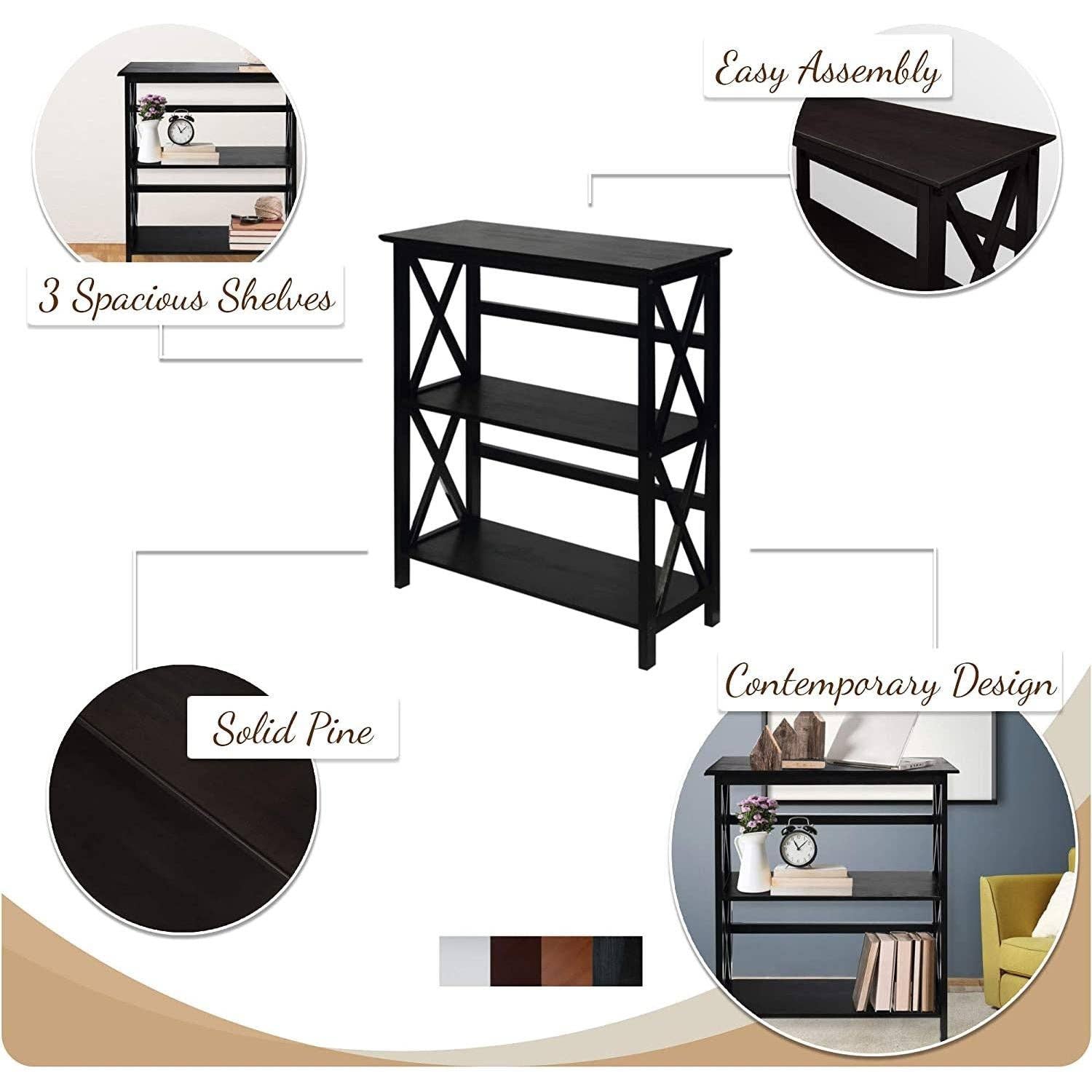 Montego 3 Shelf Bookcase Black Solid Wood Construction for wholesale on Faire2
