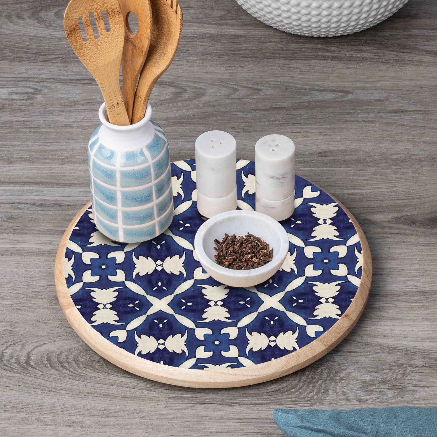 CounterArt/Highland Home/Thirstystone - Wholesale Lazy Susan - "White & Blue Tile" Rubber Wood Lazy Susan Turntable 14"1
