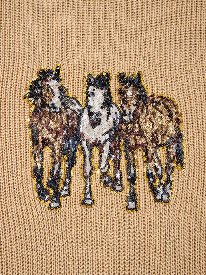 Parchment Sequin Horse Graphic Lightweight Knitted Sweater Vest for wholesale on Faire4