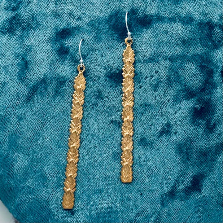 Gold Long Skinny Textured Drop Earrings for wholesale by Elizabeth Jewelry