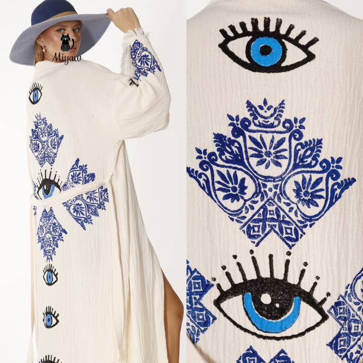 Beige Peignoir kimono boho protecteur pour les yeux en gros - Coton biologique, écologique en vente sur Faire3