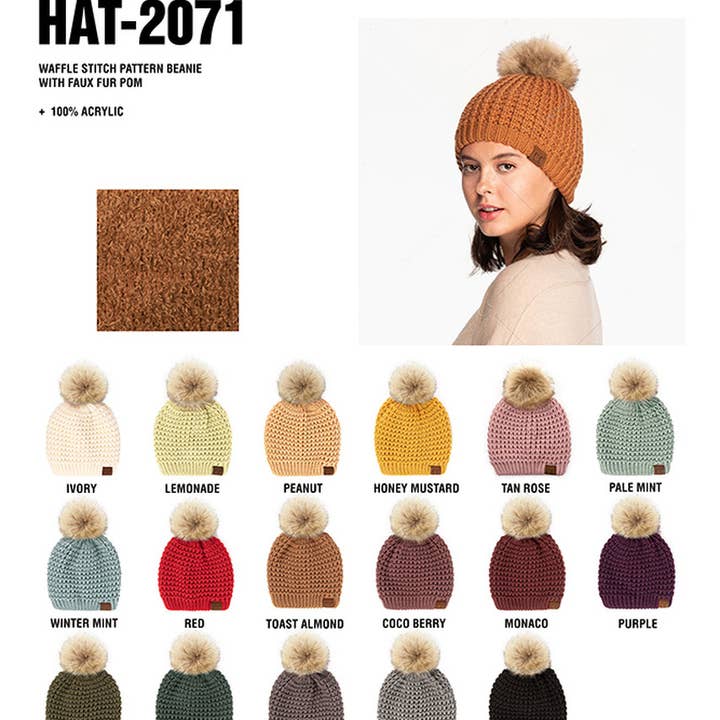 Hana - Wholesale Beanie - Women's - C.C Waffle Stitch Pattern Pom Beanie19