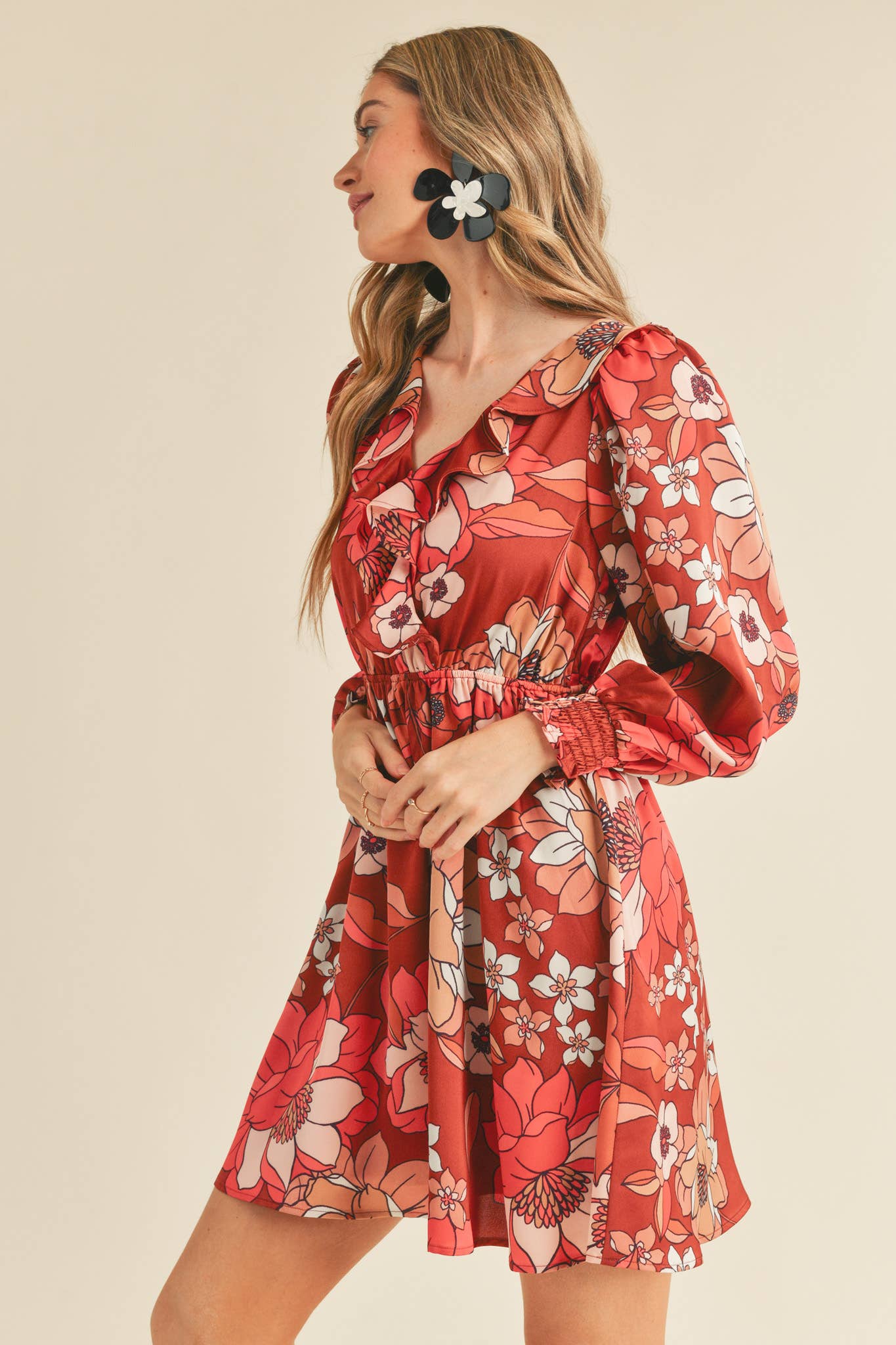 BRICK MULTI FLORAL EXCLUSIVE PRINT RUFFLE TRIM MINI DRESS MDR2675 for wholesale on Faire3