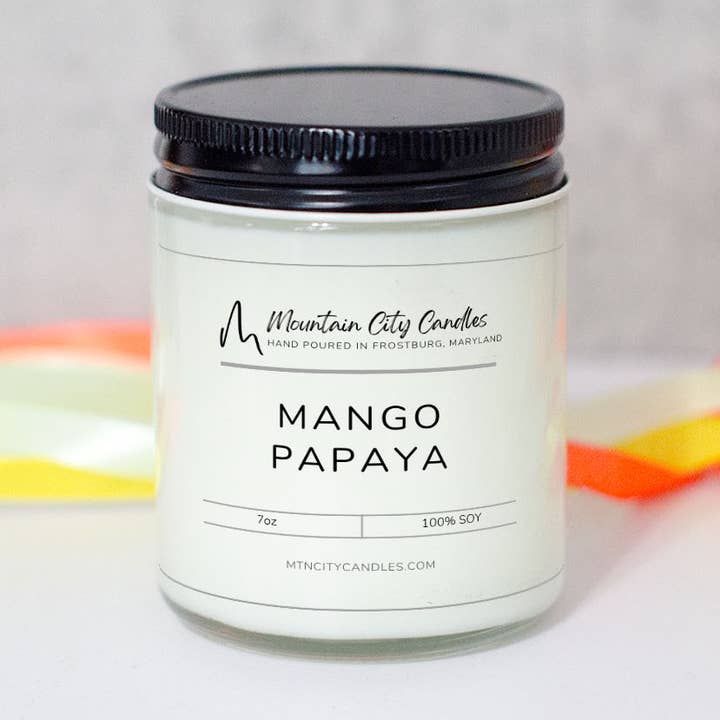 Kerzen und Melts mit Sojawachs-Duft nach Mango Papaya für den Großhandel von Mountain City Candles
