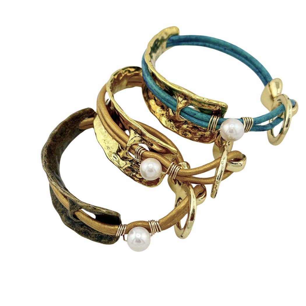 Beauty In Stone Jewelry - Wholesale Bangle Bracelet - Curved Cuff Bracelet With Leather & Pearl 13