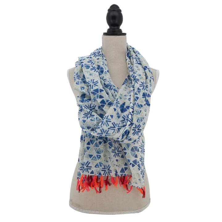 Blue Kaleidoscope Block Print Scarf for wholesale on Faire