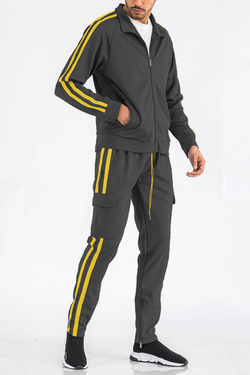 WEIV - Wholesale Tracksuit - Men's - Two Stripe Cargo Pocket Track Suit Set9