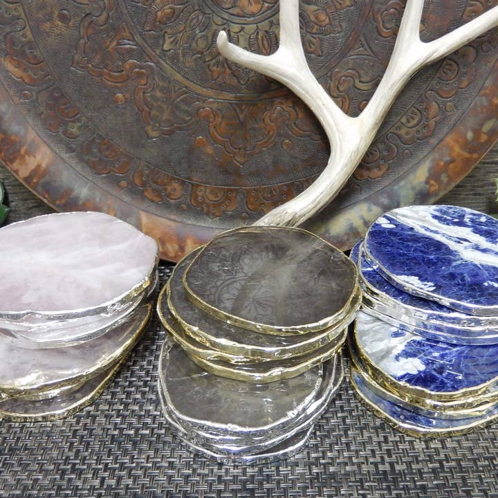 Rock Paradise – wholesale Coasters – Crystal Stone Coasters Silver/Gold Plated Set of 4