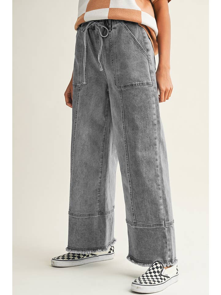 Little Daisy Closet - Wholesale Jeans - Women's - LDC Drawstring Seam Detail Raw Hem Wide Leg Denim Pants6