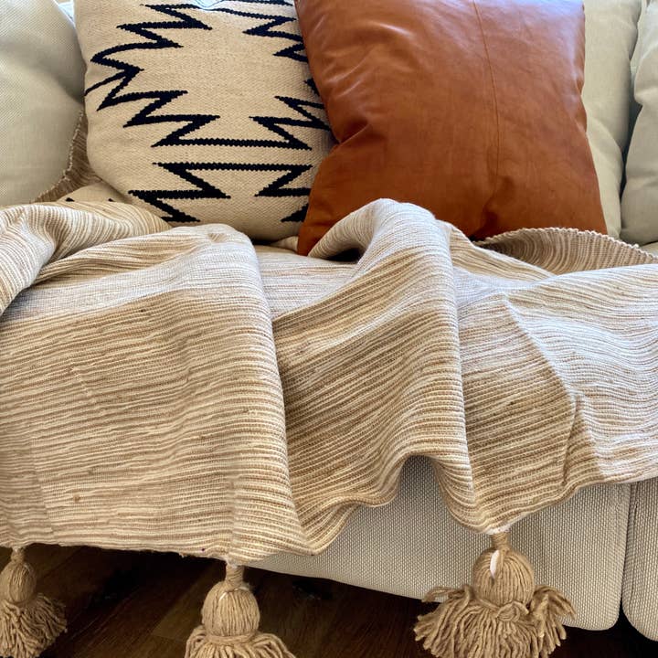 Eclectic Collective - Wholesale Throw Blanket - Pom-Pom Blanket in Tan/Cream3