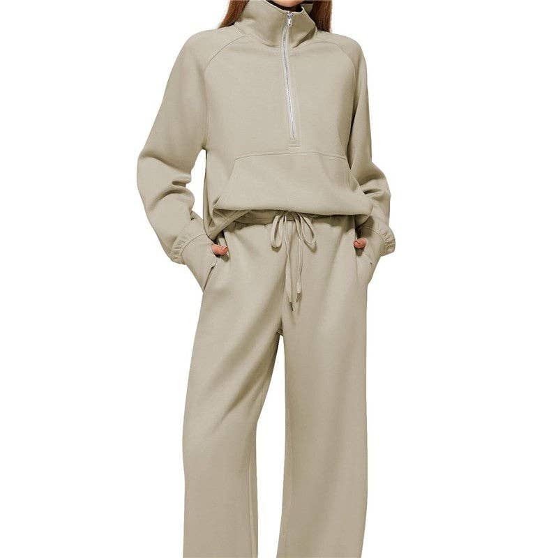 UZ Wholesale Store – wholesale Mjukisset – Dam – Set med halvzip-tröja i ren färg och joggers med vida ben11