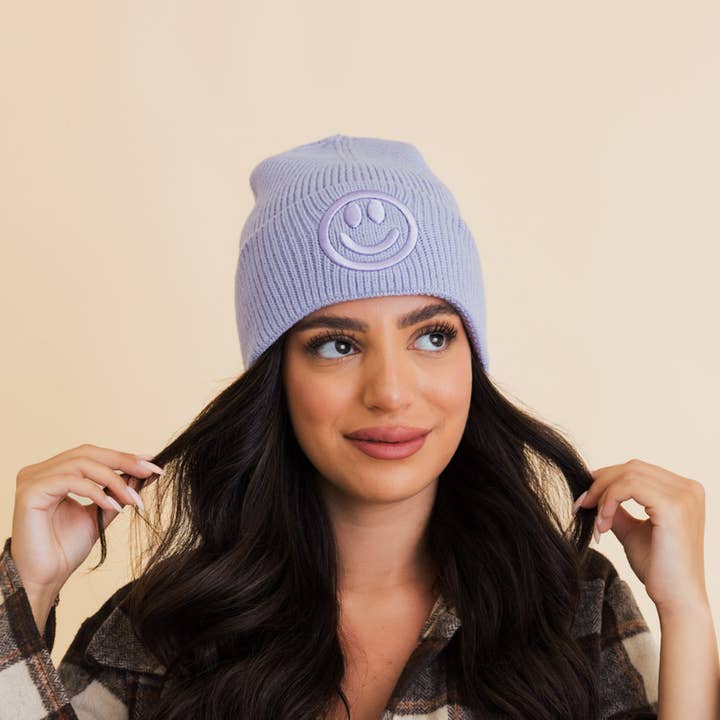Leto Accessories - Wholesale Beanie - Women's - Happy Face Embroidered Ribbed Knit Beanie0