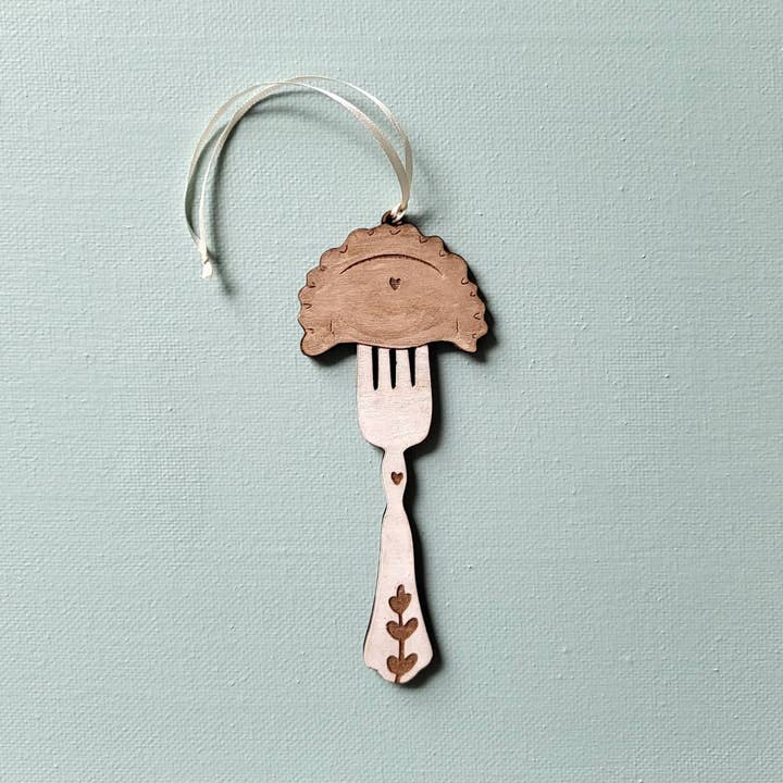 Laser Engraved Pierogi on Fork Wood Ornament Polish Art for wholesale by Pole Cat Club