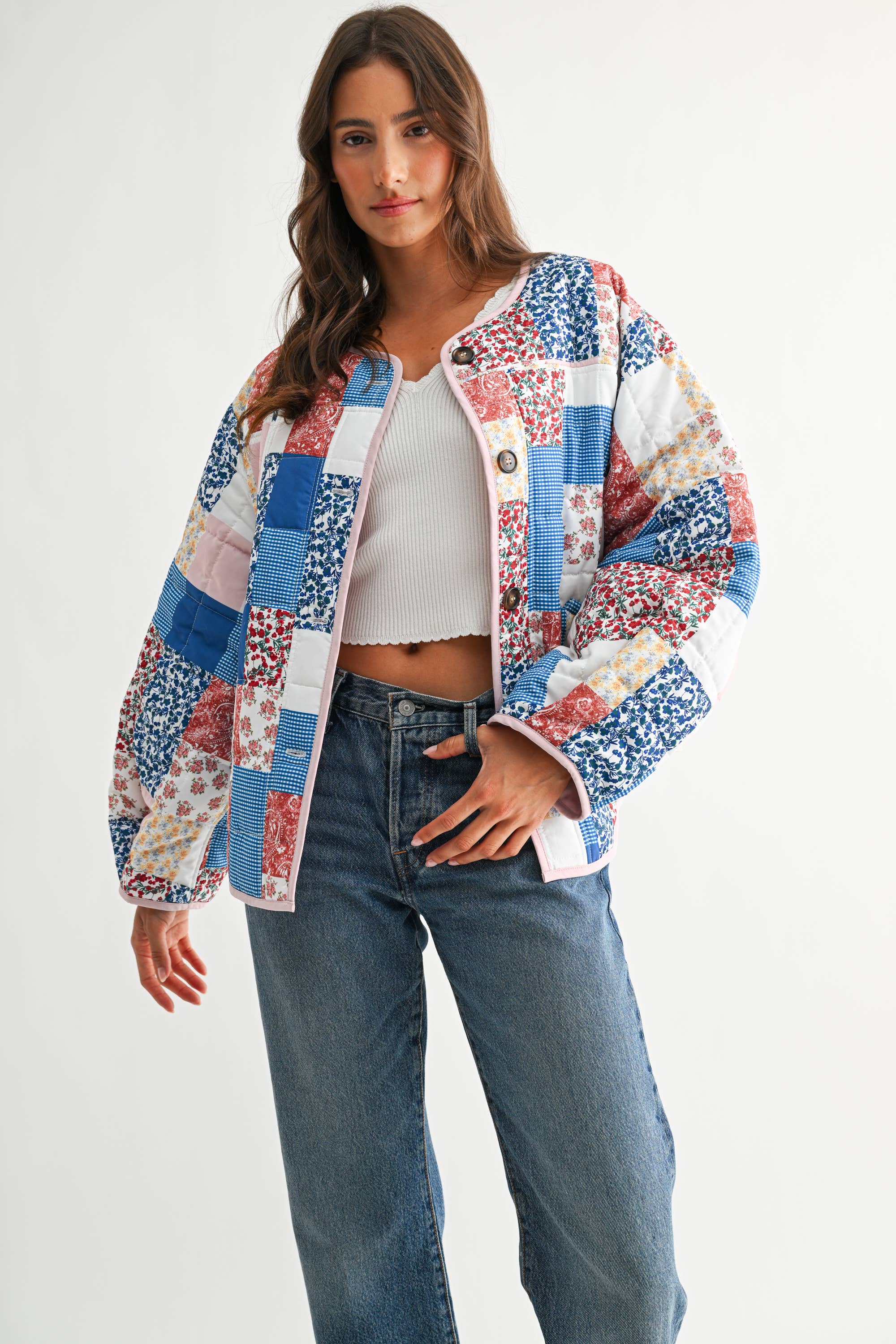 BLUE MULTI CJJ26871 PATCHWORK BLISS QUILTED JACKET for wholesale on Faire4