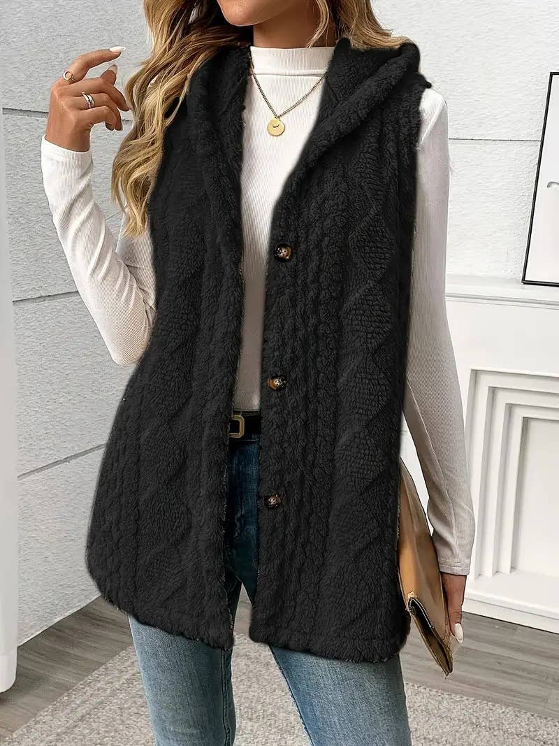 Rosa Clothing - Wholesale Outerwear Vest - Women's - Textured Leisure Double-Sided Plush Hooded Vest1