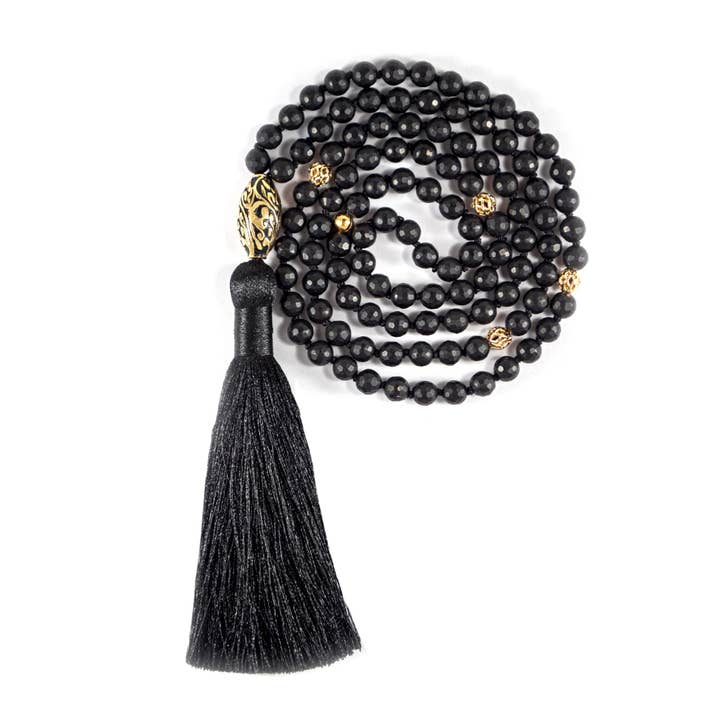 Energy Protection Black Onyx 108 Bead Mala, 18k Gold for wholesale by Seven Saints