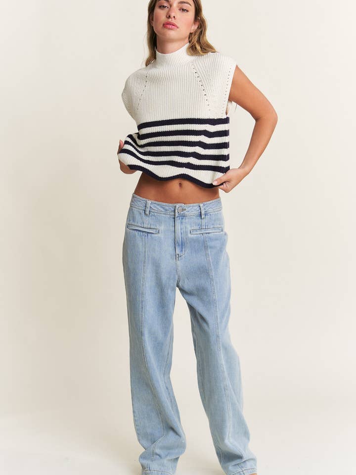 In The Beginning - Vente Pull en maille – femme - Pull sans manches à col roulé bleu marine/ivoire3