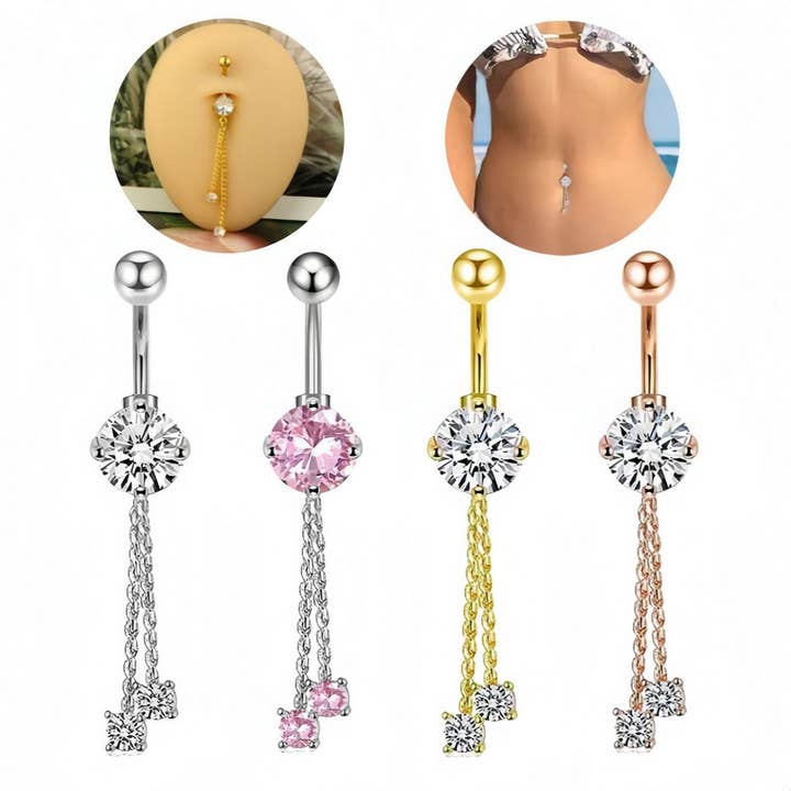 ACCITY - Wholesale Belly Ring - Long Chain CZ Belly Ring with Copper Piercing_CWMM92324