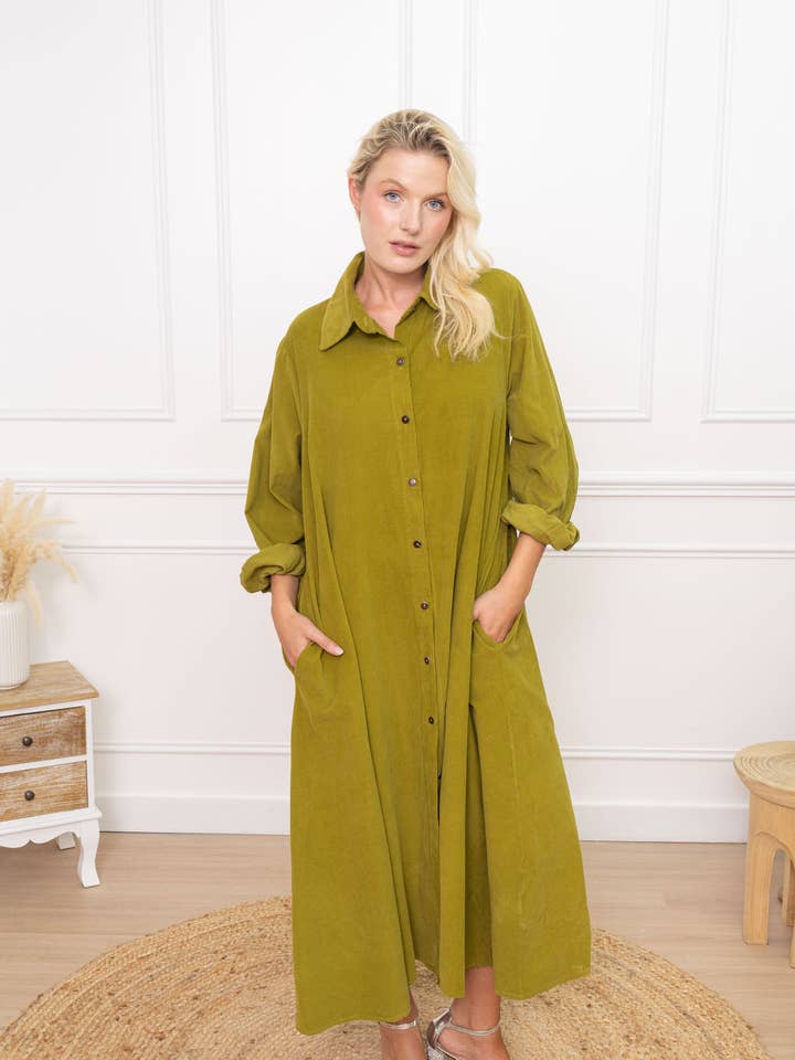 Long flared shirt dress for women in corduroy for wholesale by Happy look