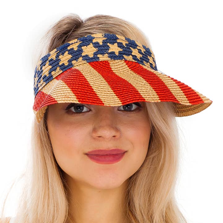 Cap Zone - Vente Visière – femme - Visière de soleil enroulable en paille de papier drapeau américain1