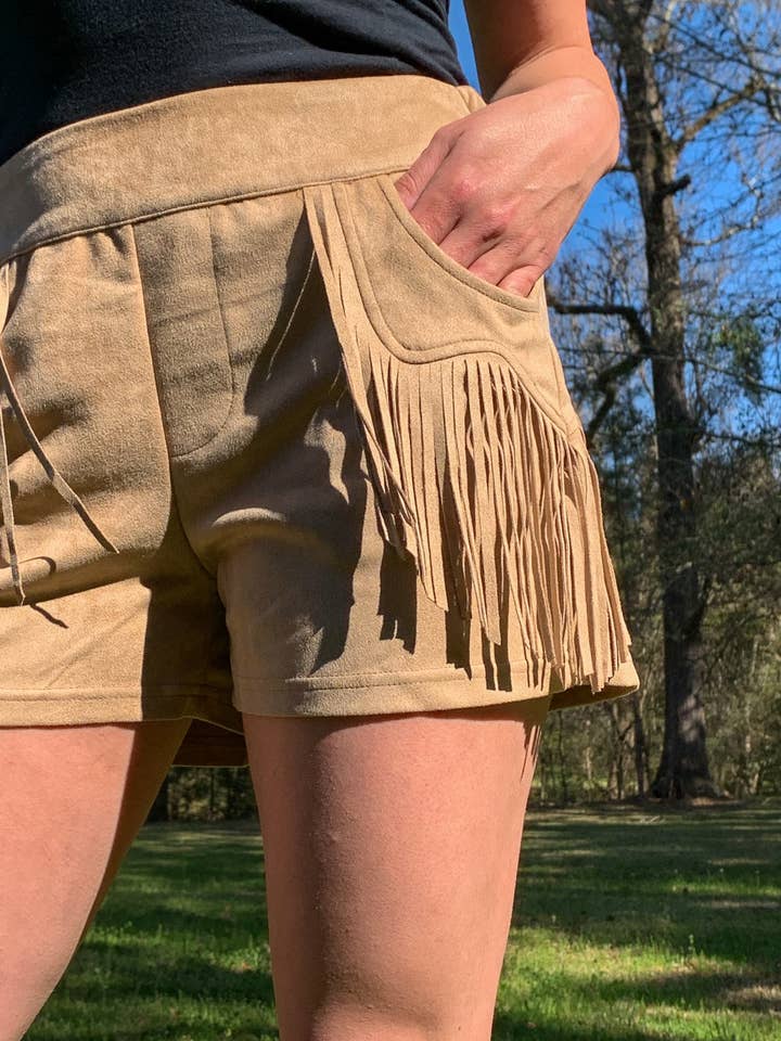 MK265 Calções Holy Moly Vegan com Franjas em Camurça - Bronzeado por atacado de GoldenU