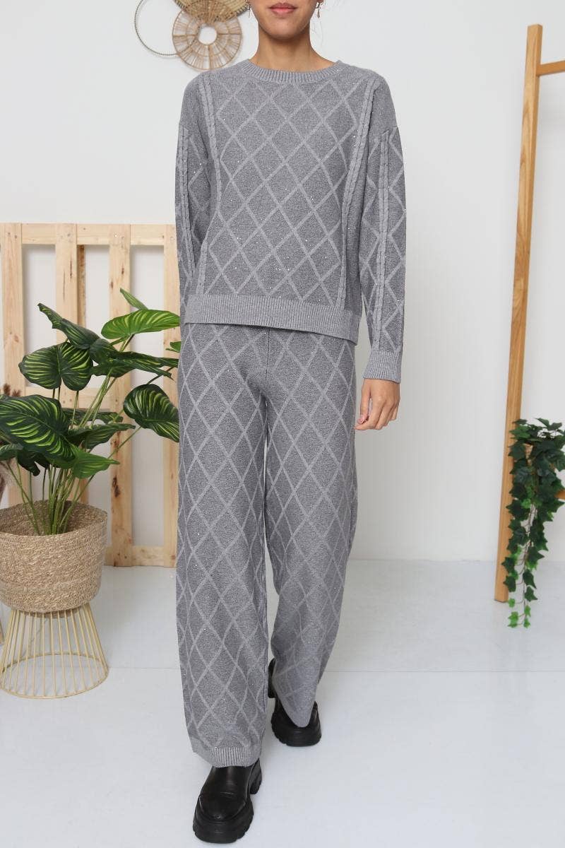 DIX-ONZE – wholesale Top & pants set (NOT Loungewear) – Women's – Diamond Knit Set – Crew Neck Sweater & Wide-Leg Pants0