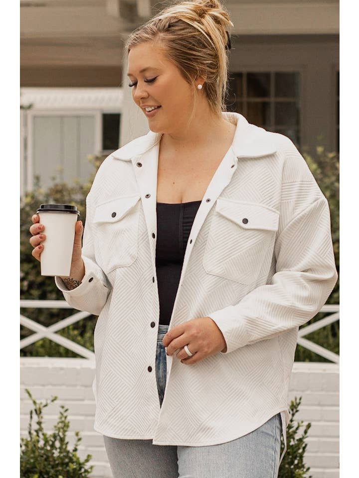 Beige Plus Size Textured Flap Pockets Jacket for wholesale on Faire