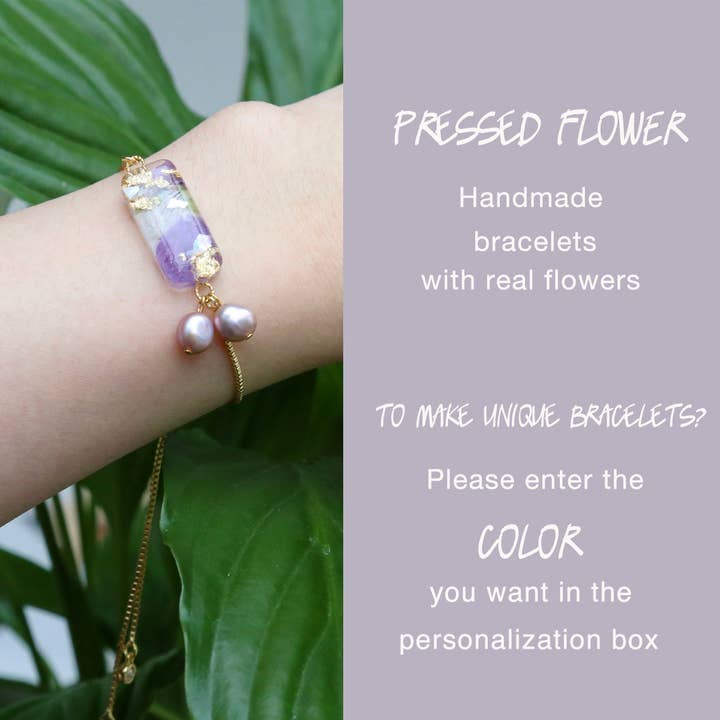 Sweetshop Jewelry - Vente Bracelets à breloques/pendentifs - Bracelet fleur séchée, feuille de fougère pressée Sakura, bracelet fleur pressée, bracelet rectangulaire, demoiselle d'honneur de mariage, Cottagecore