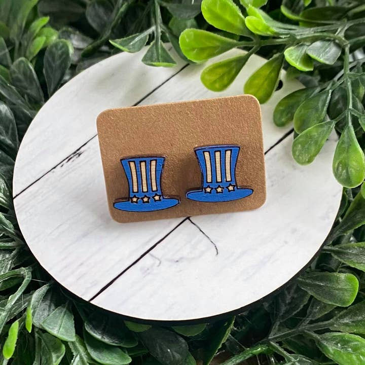 EE. UU., 4 de julio, tío Sam, sombrero, madera, pendientes de tuerca, ligeros, para venta al por mayor de Traveling Sparrow
