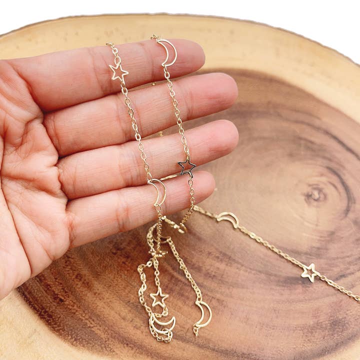 Beads Creation - Wholesale Craft supplies - Star & Crescent Moon Chain, Gold Filled Chain Jewelry, CH1580