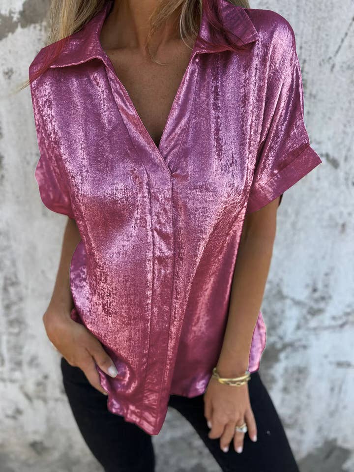 Rosa Clothing - Wholesale Blouse - Women's - Smart Metallic Textured short sleeve blouse pullover1