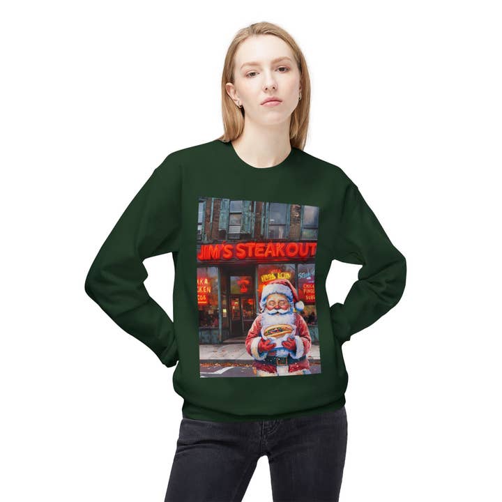 Buffalovely - Wholesale Graphic Sweatshirt - Unisex - Santa with a Hoagie at Jim's Steakout Unisex Cozy Crewneck Sweatshirt38