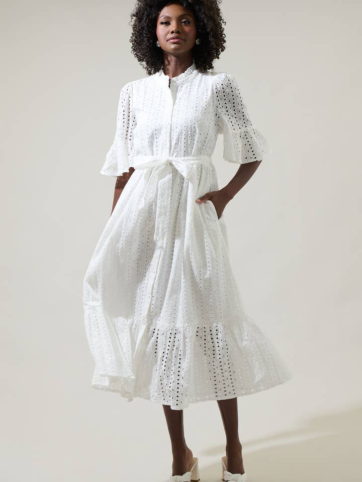 Kaylie Eyelet Pem Button Down Midi Dress for wholesale by Sugarlips