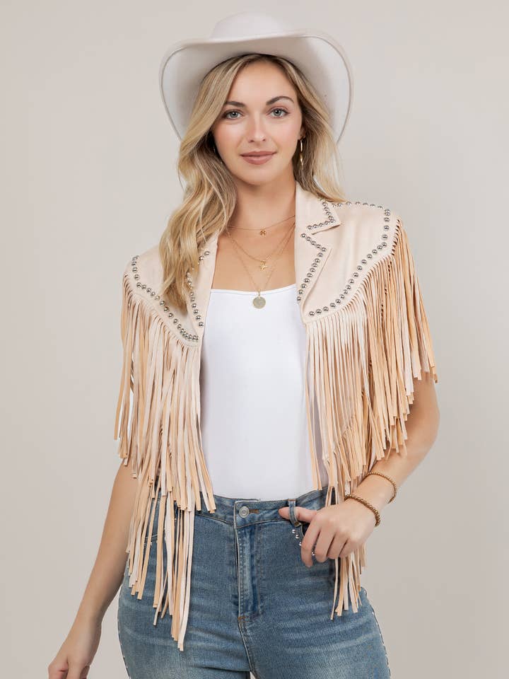 SIJ5338A DARK CREAM STUDDED FRINGE SHRUG for wholesale by Saints & Hearts